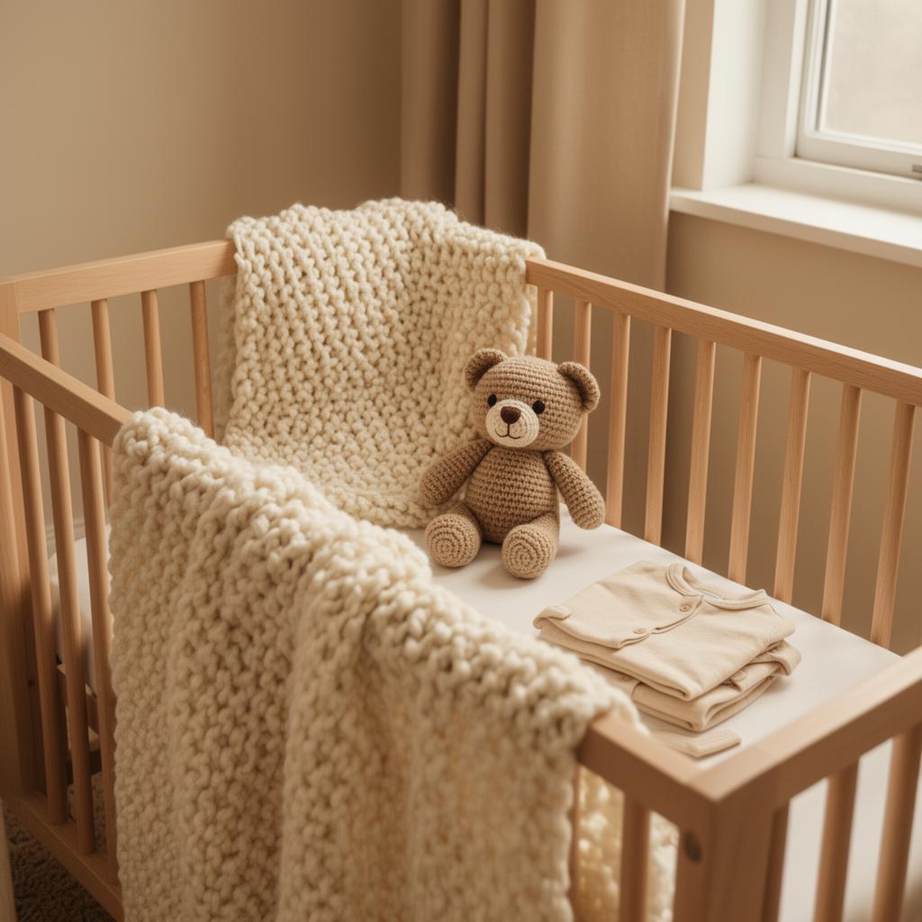 Babybett mit handgestrickter Decke, Teddy und Babykleidung